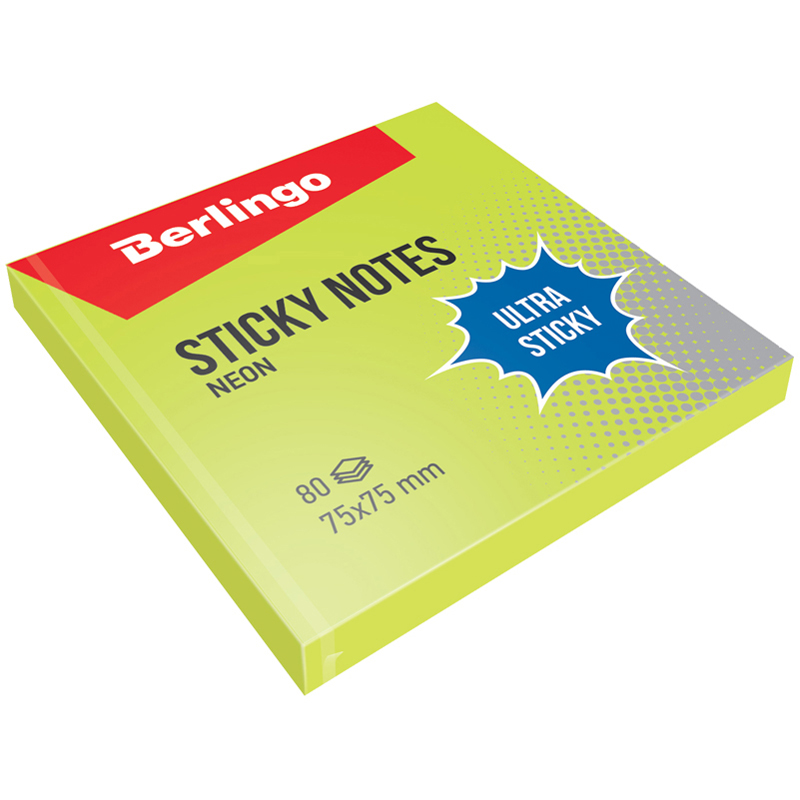 Самоклеящийся блок Berlingo "Ultra Sticky", 75*75мм, 80л, зеленый неон