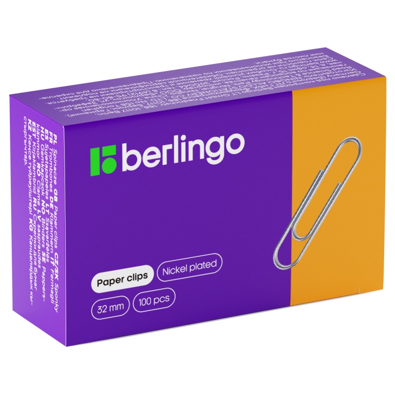Скрепки 32мм, Berlingo, 100шт., никелированные, карт. упак.